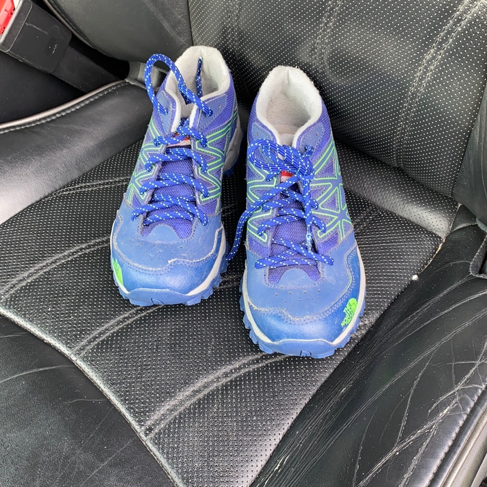 Blue and green The North Face hiking shoes